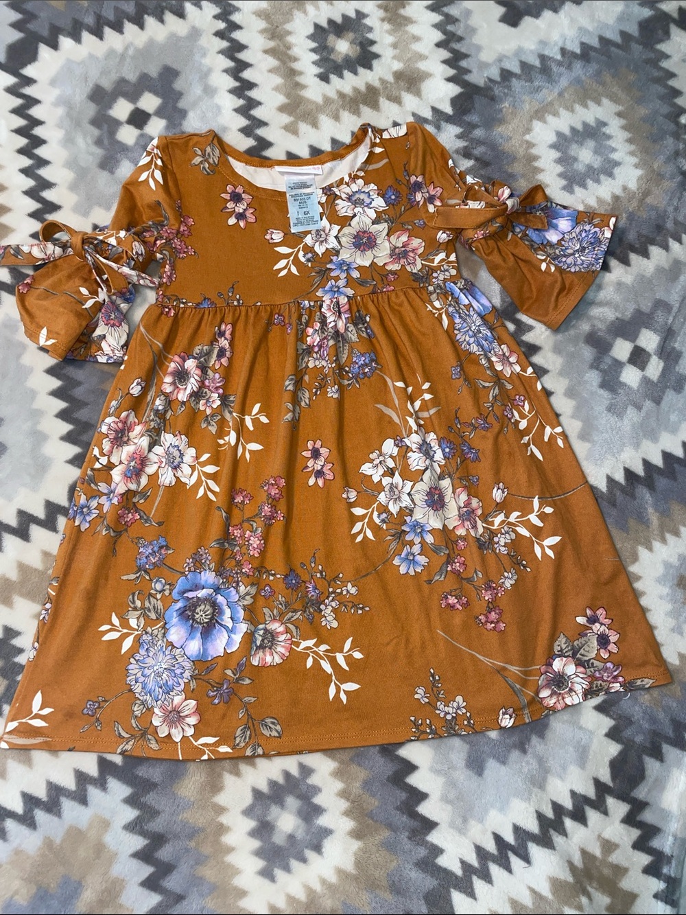 Girls fall Floral Tie-Sleeve Dress - Rust